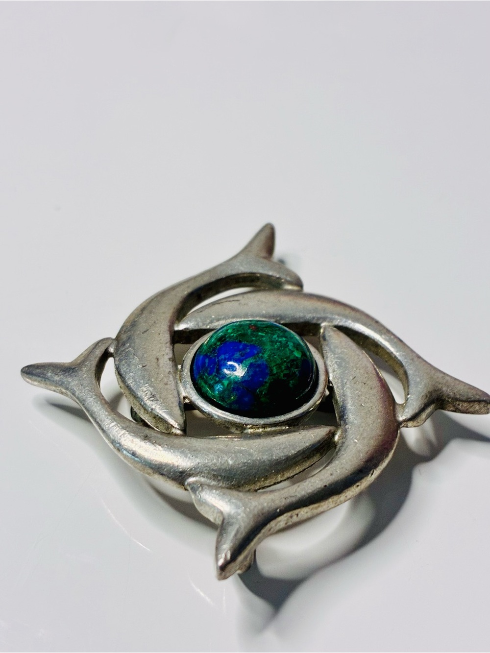 VTG Earthsong Pewter Brooch Dolphins w/ Azurite Malachite